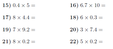 multiplying decimals 1 digit by whole numbers up to 10 worksheet with answers