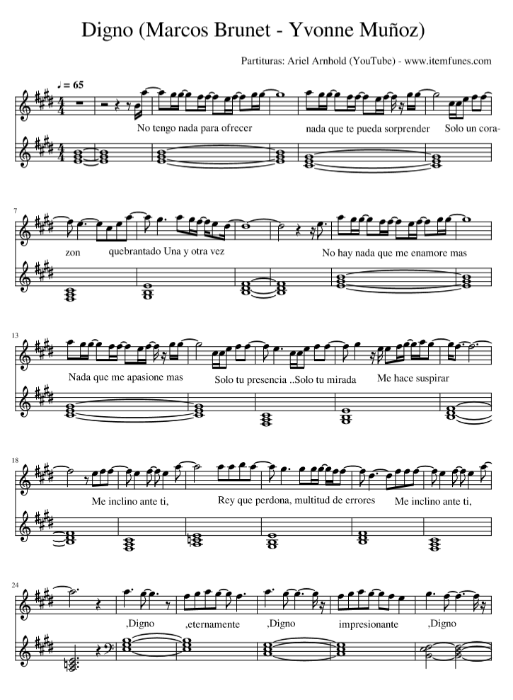 DIGNO Marcos Brunet Yvonne Muñoz Partitura Cristiana Piano LAtras Melodias  Acordes - Payhip