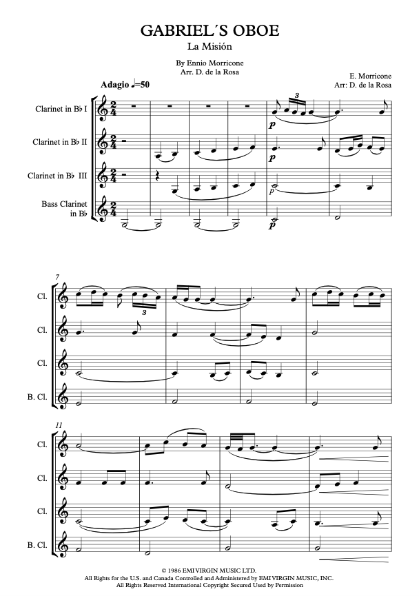Gabriel's Oboe From The Mission For Quartet (Full Score