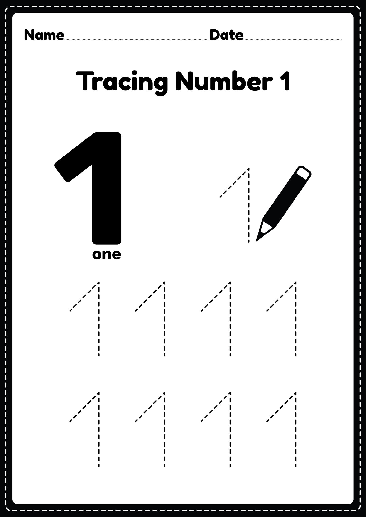 tracing number 1 worksheet for kindergarten payhip