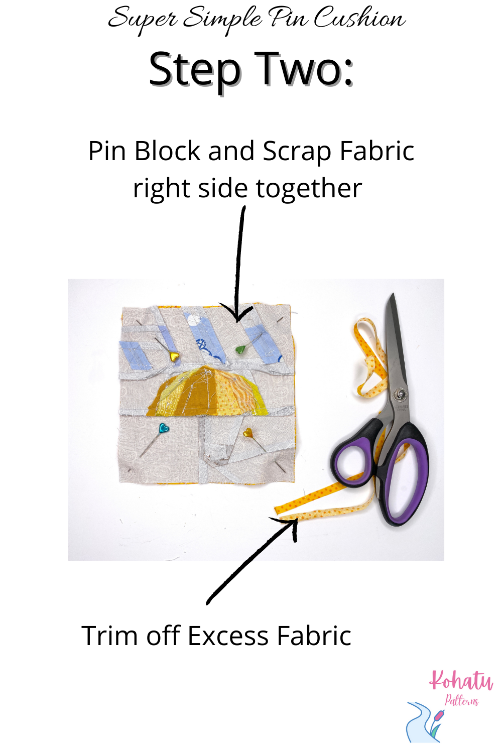 Simple Pin Cushion Tutorial. The next step is to pin the quilt block together with the scrap fabric and trim off excess fabric