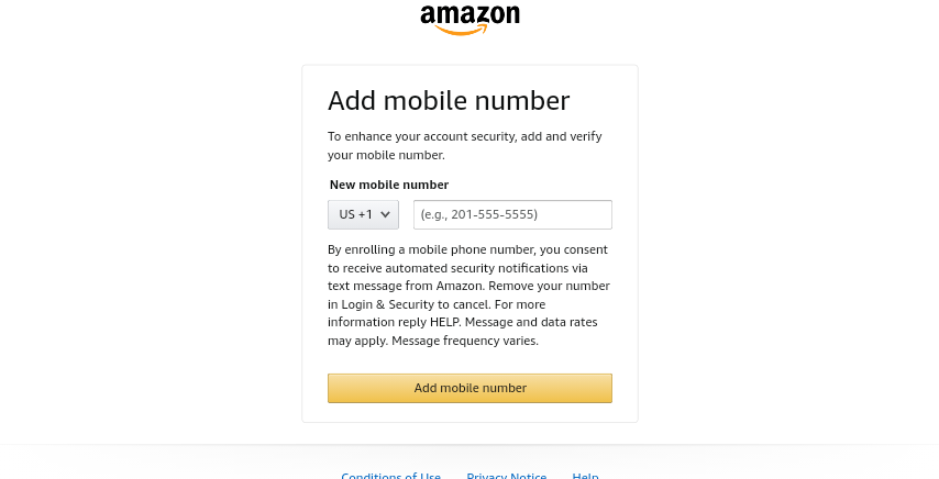 Adding mobile number for Amazon affiliate program registration