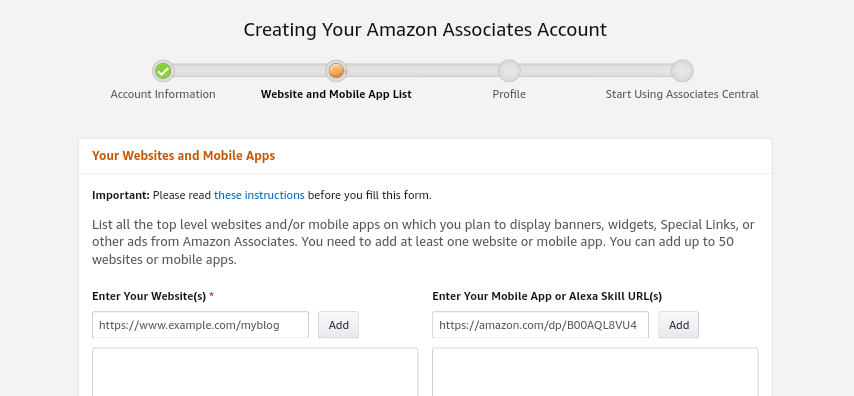 Completing website and mobile app list in Amazon associate program registration