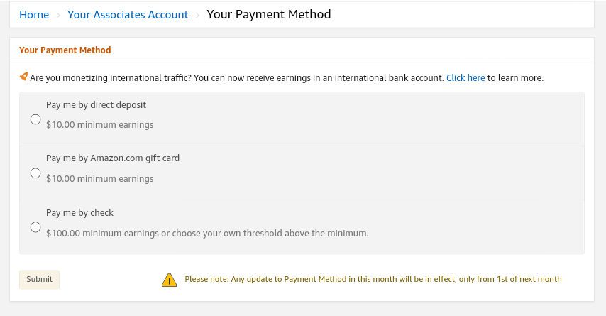 Setting payment method for Amazon associate program 2021
