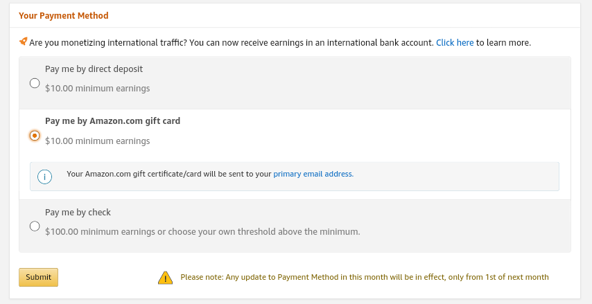 Choosing Amazon gift card as payment method for Amazon associate program