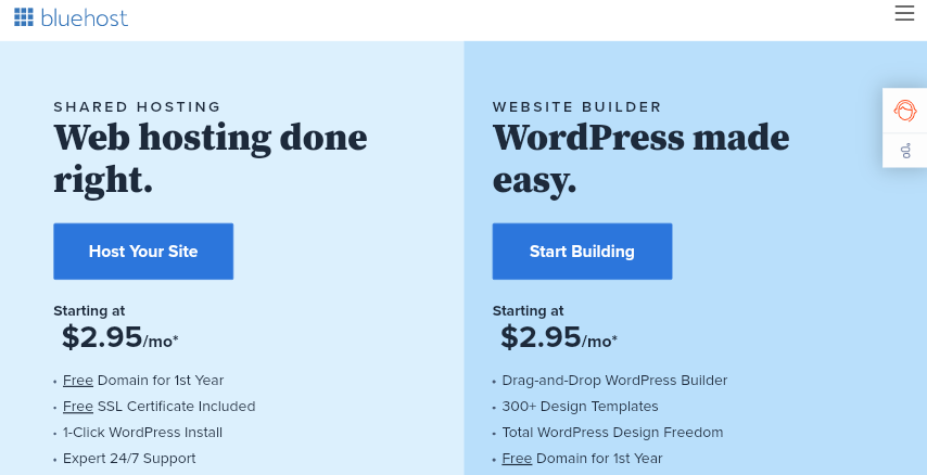 Bluehost homepage to choose a name and learn how to start a blog