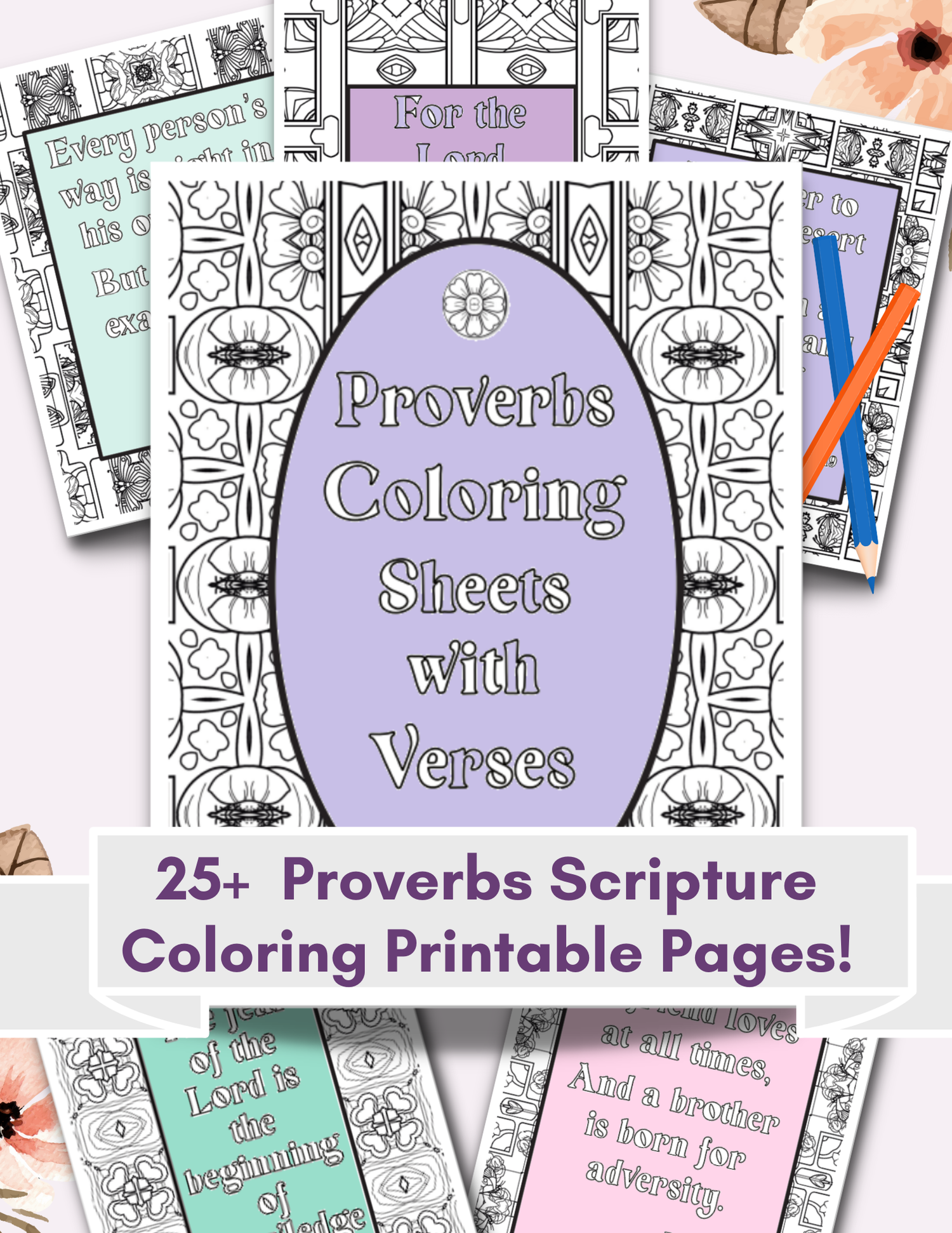 Proverbs coloring sheets mockup (purple, pink, light green(