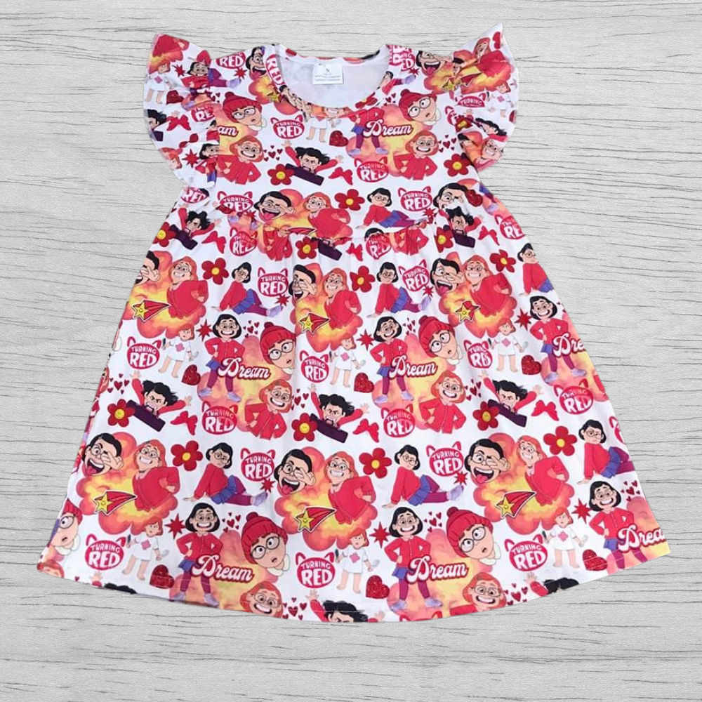 TURNING RED Pattern Kids Girl Short Sleeves Black Dress - TURNING RED