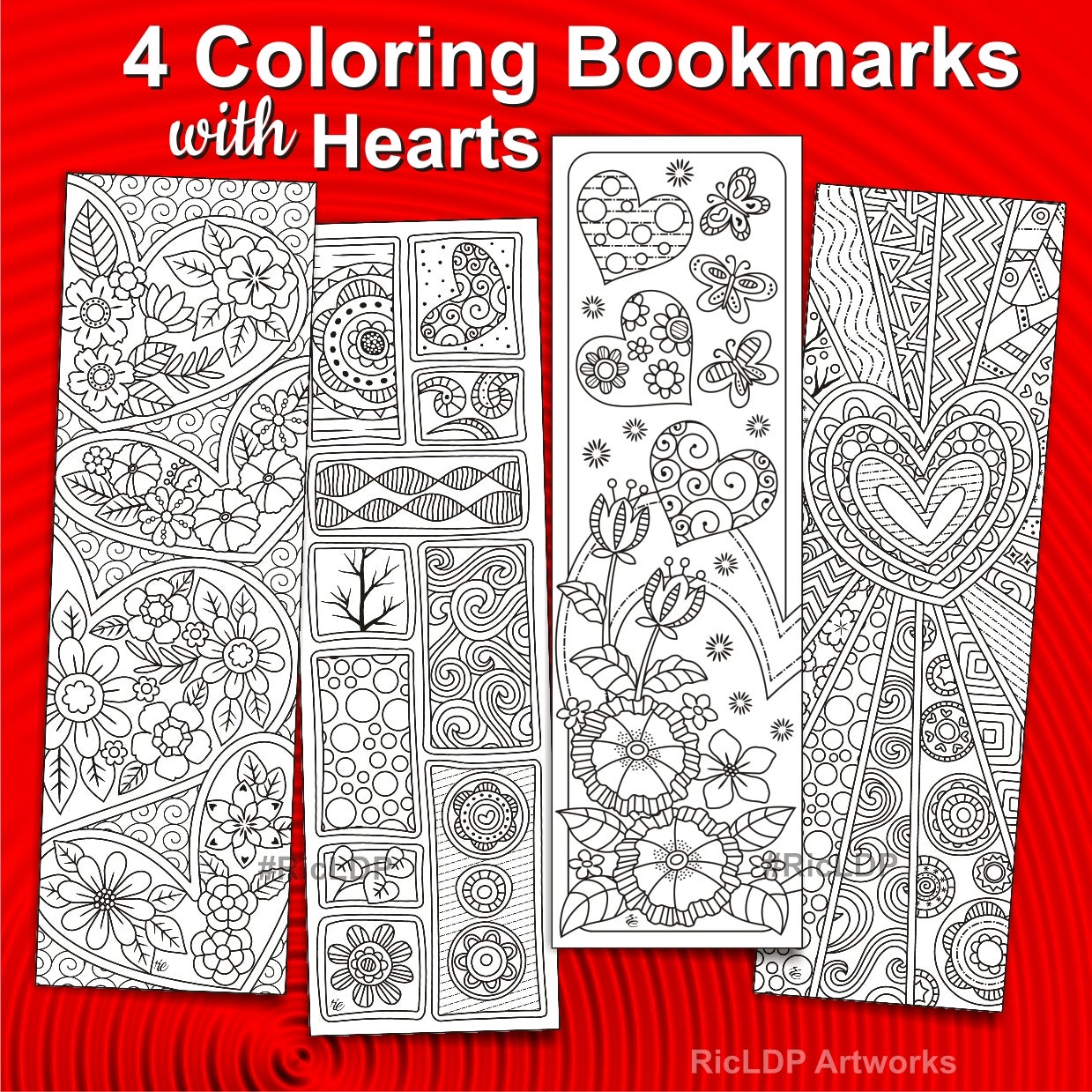 4 Coloring Bookmarks with Heart Doodles - Payhip