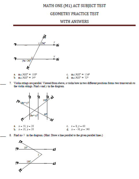 ACT MATH 1 (GEOMETRY) SUBJECT TEST QUESTIONS WITH ANSWERS - Payhip