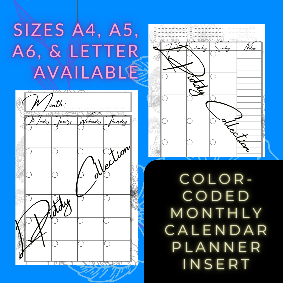 Color-Coded Monthly Calendar Planner Insert - Digital Download in sizes ...