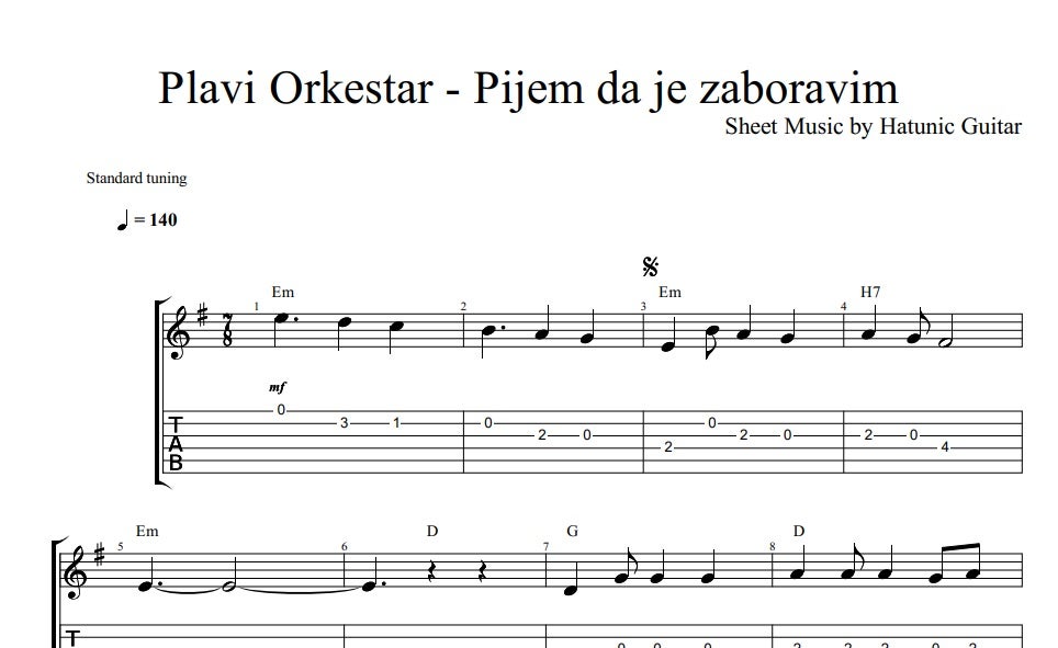 Plavi Orkestar Pijem da je zaboravim Note / Tabovi & Akordi Payhip
