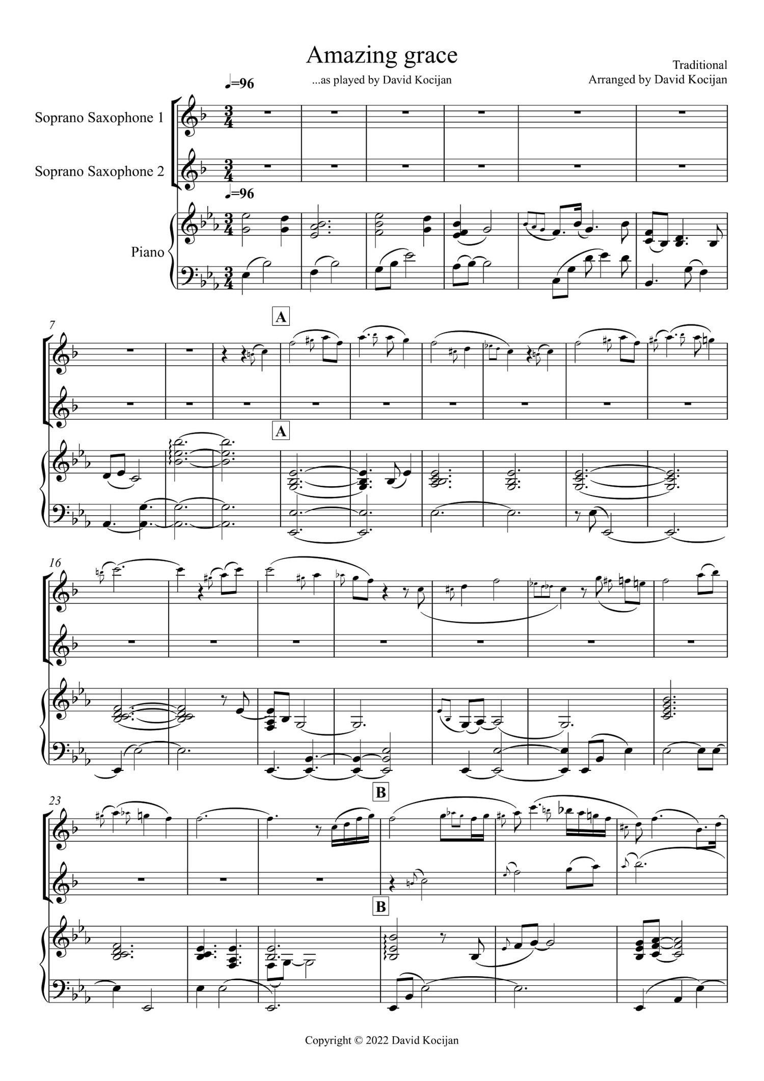 Amazing grace TRIO (Piano & Soprano Sax duet) SHEET MUSIC & BACKING