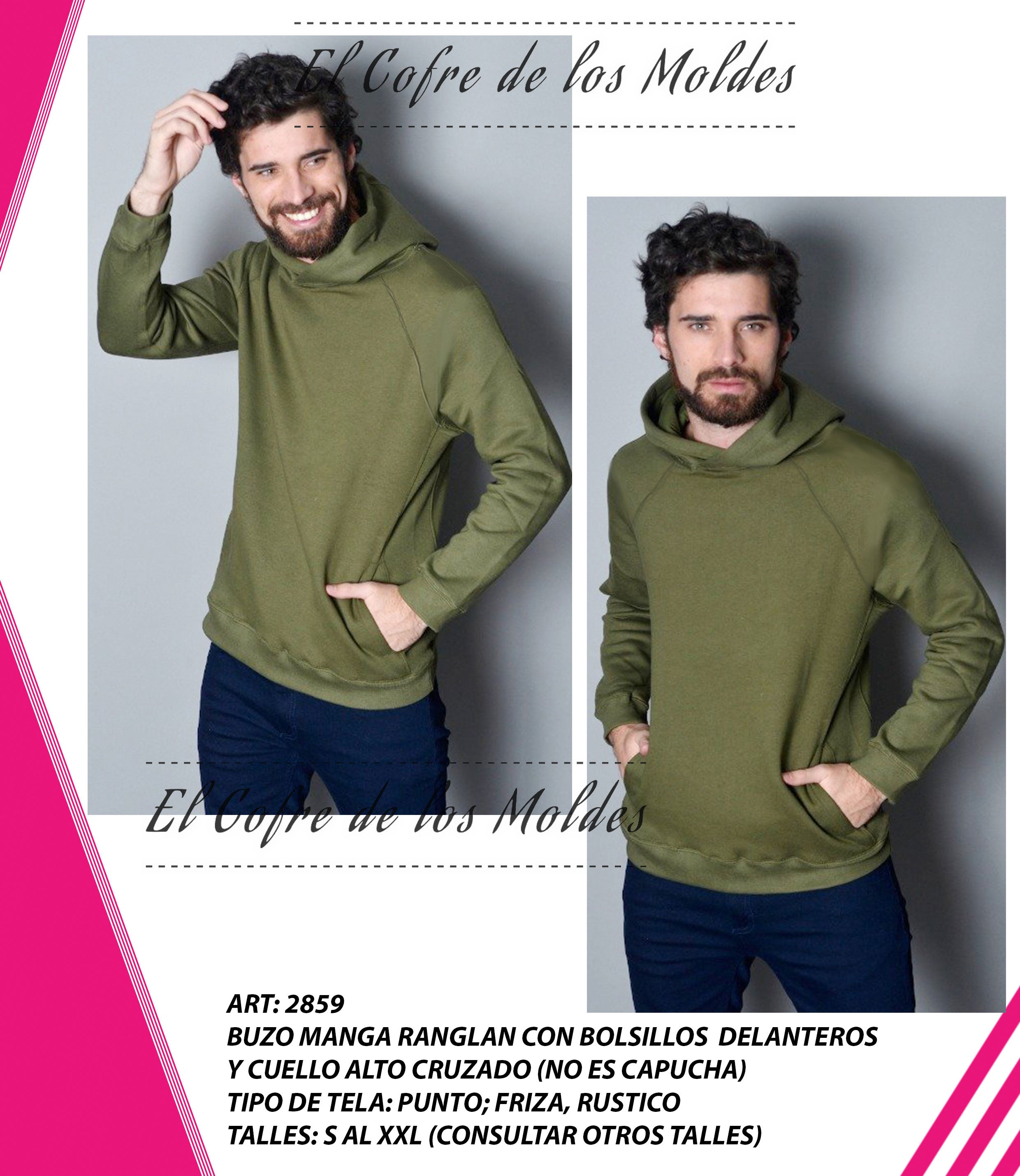 Molde Digital PDF Buzo manga ranglan con bolsillo del. y cuello alto ...