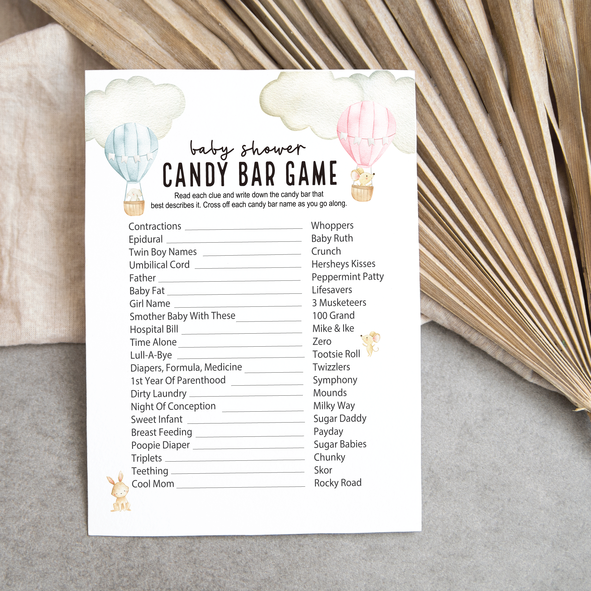 Printable Baby Shower Candy Bar Game - Hot Air Balloon Theme