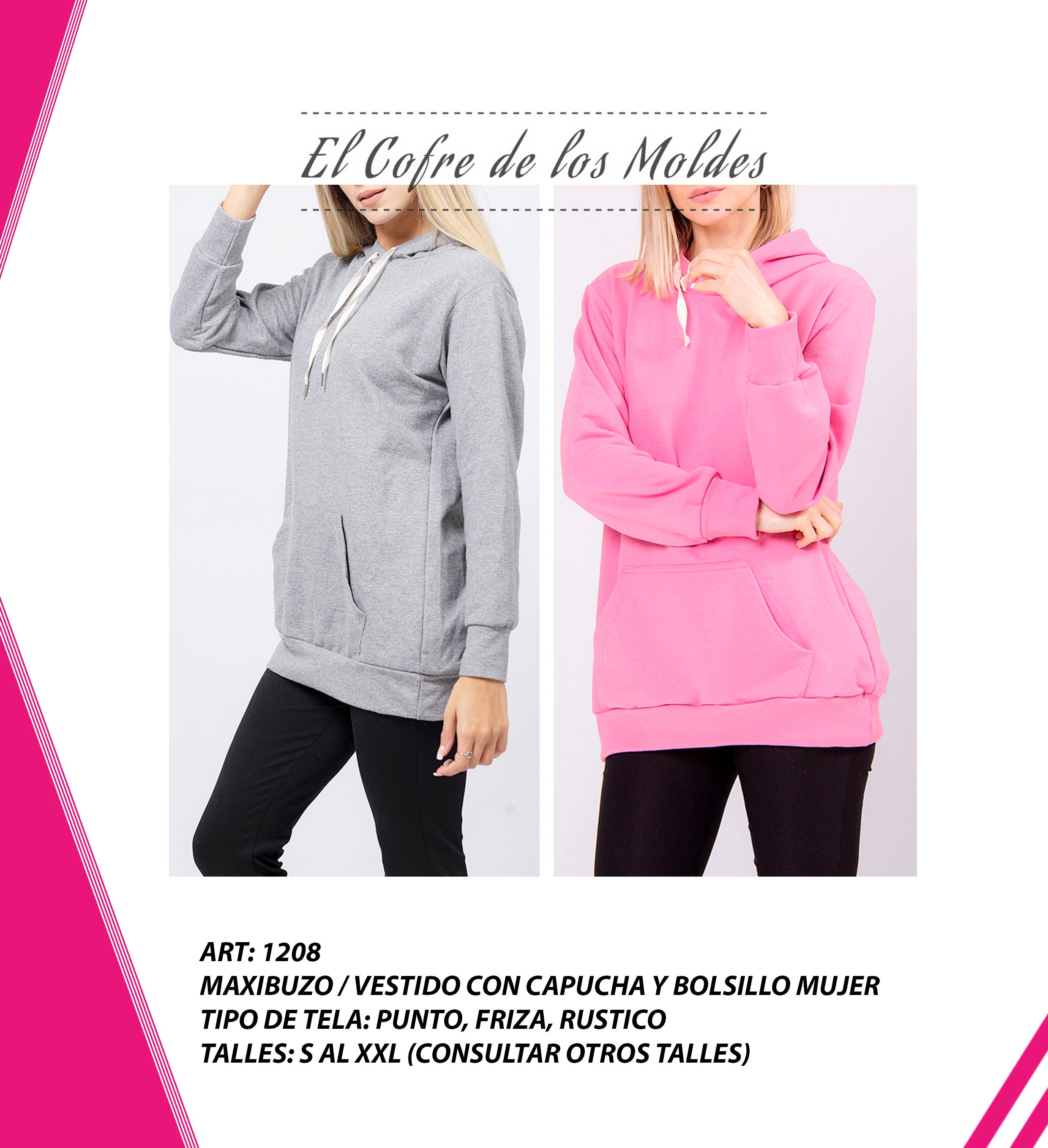 Molde Digital PDF Maxibuzo/Vestido canguro con capucha , Pack Talles S ...