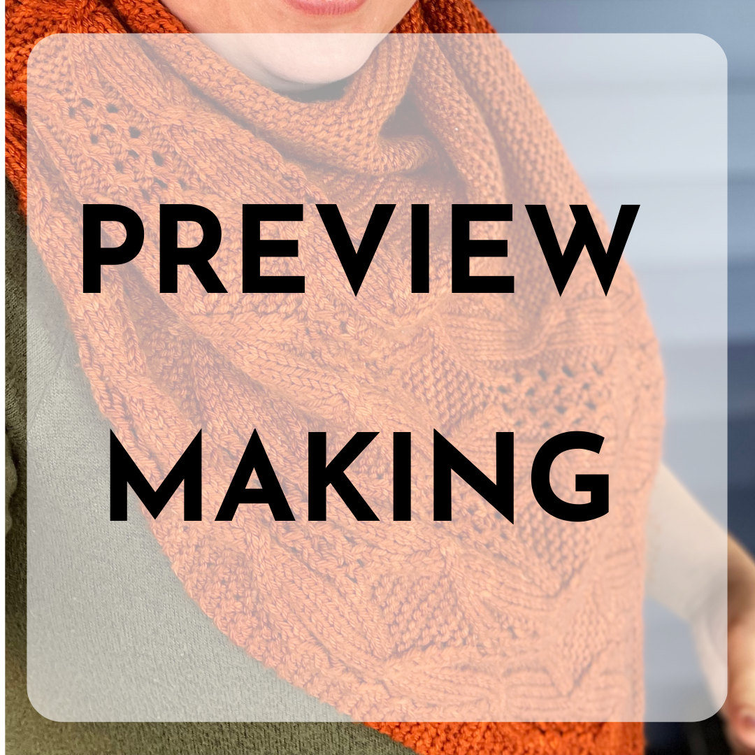 Ruth wears an orange, cable and lace shawl in the background. A translucent white square with rounded corners is the next layer. The black, bold text reads "Preview Making"