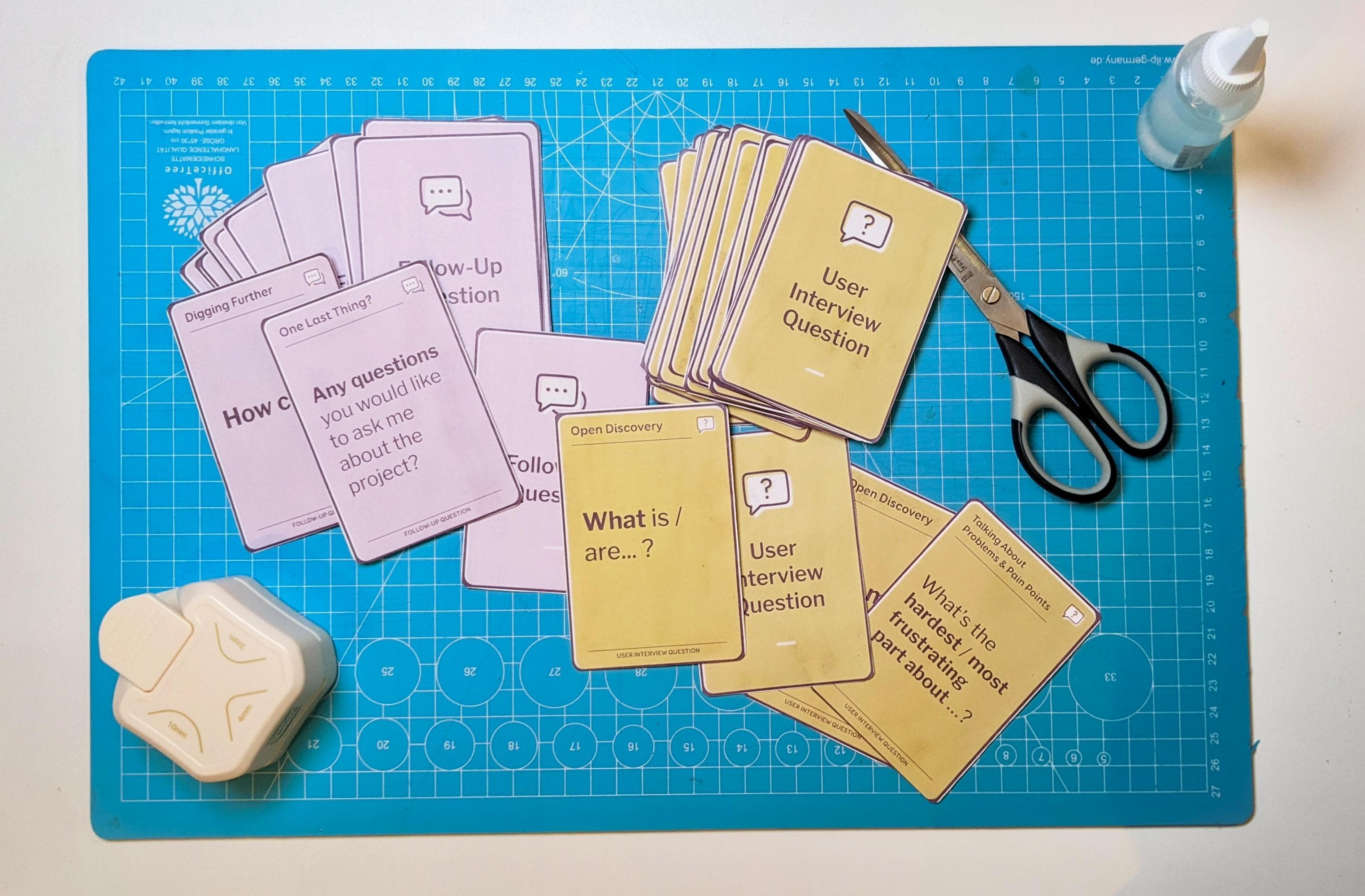 Yellow and purple interview cards, on a cuting mat with scisors and glue
