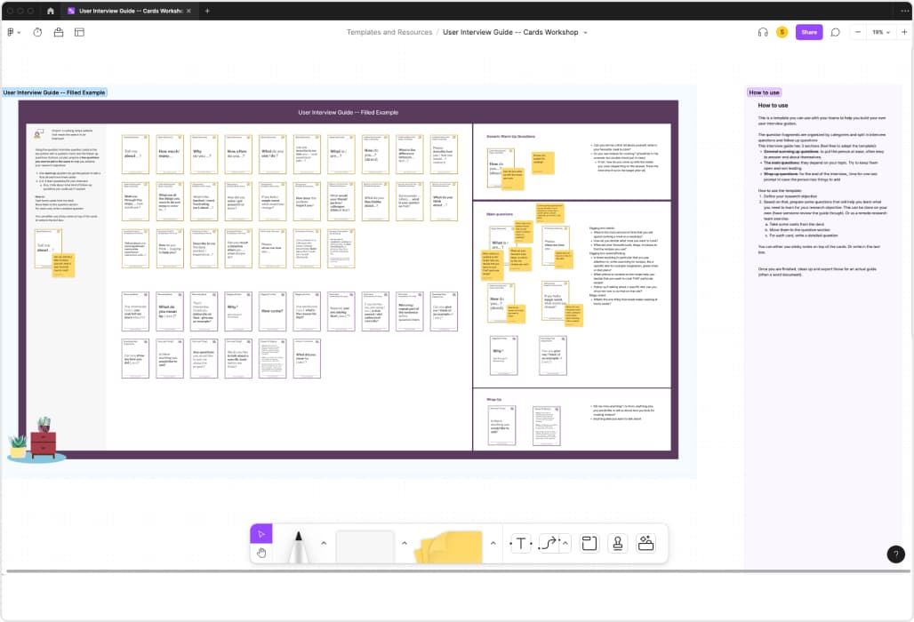 An online board with cards to build user interview guides (in figjam)
