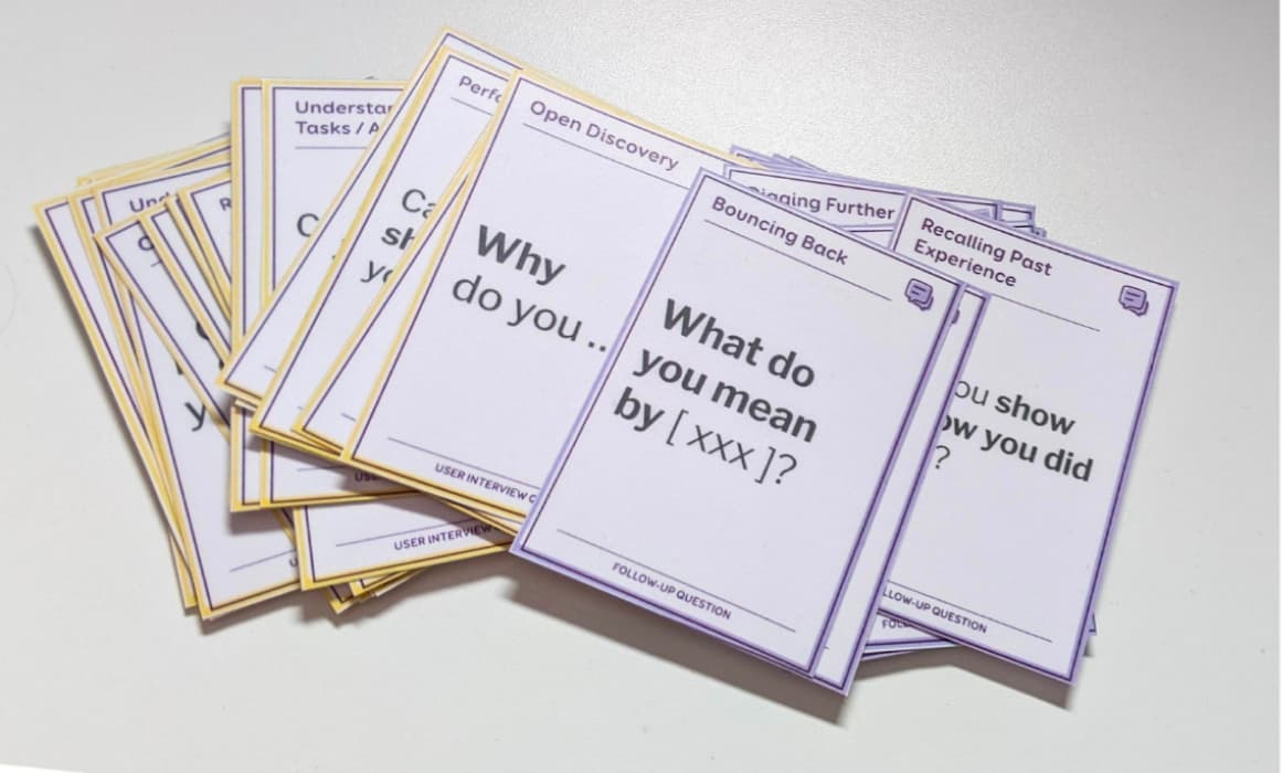 Printed and laminated user interview and follow up question cards