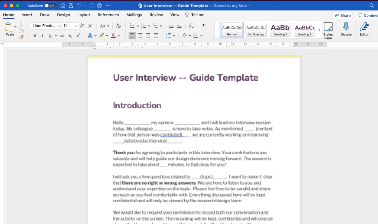 User Interview Guide template in word