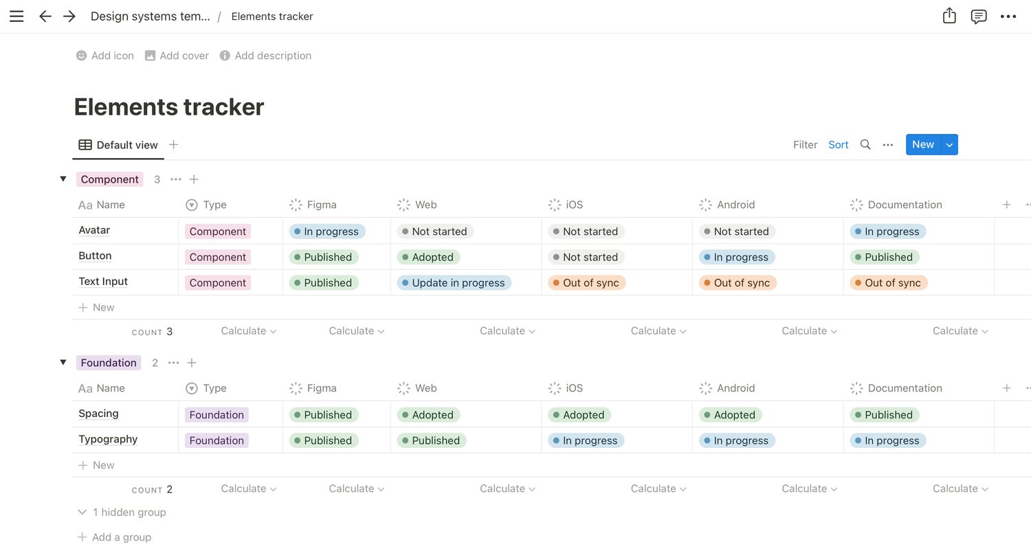 Notion template elements tracker for design systems payhip