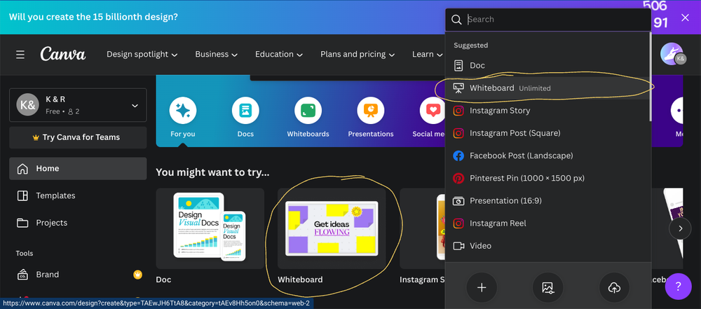Image telling how to create a whiteboard on Canva