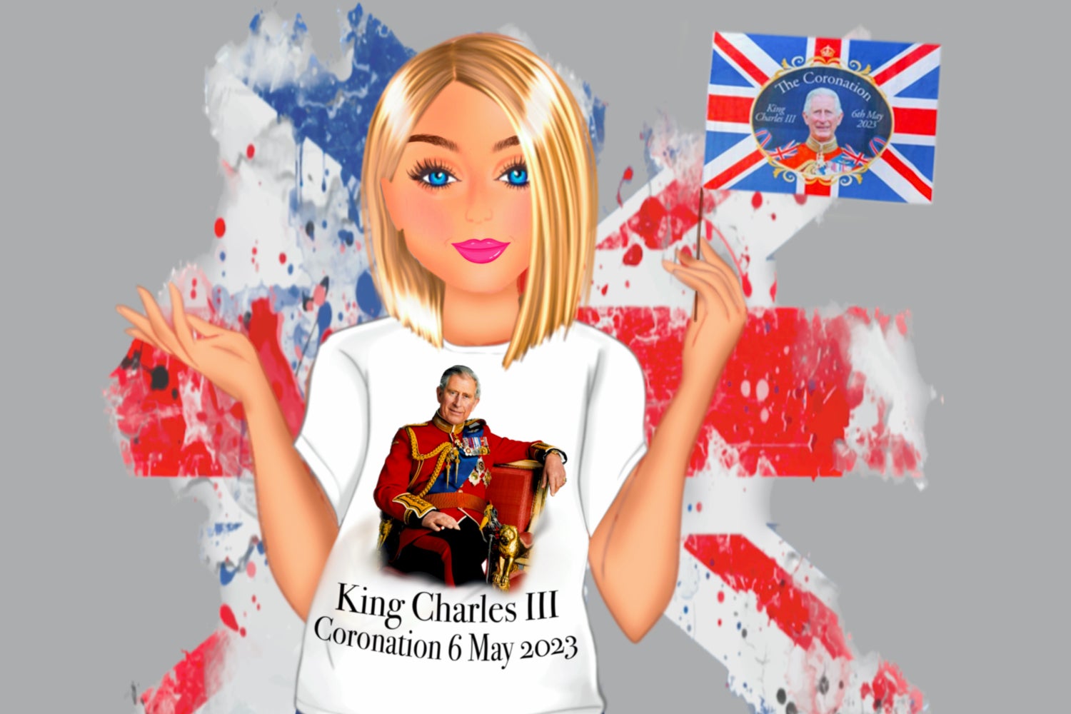Coronation girls. 45 individual girls wearing coronation t shirts and waving the coronation flag