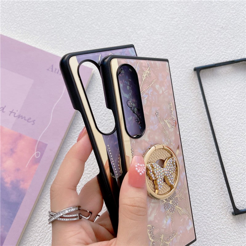 New Samsung Galaxy Z Fold 3 ZFold 4 5G Phone Case Cover Luxury Butterfly Ring Stand Holder Cute Mirror Glossy Shockproof Cover