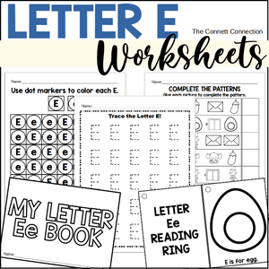 Letter E Worksheets for letter recognition and beginning sounds