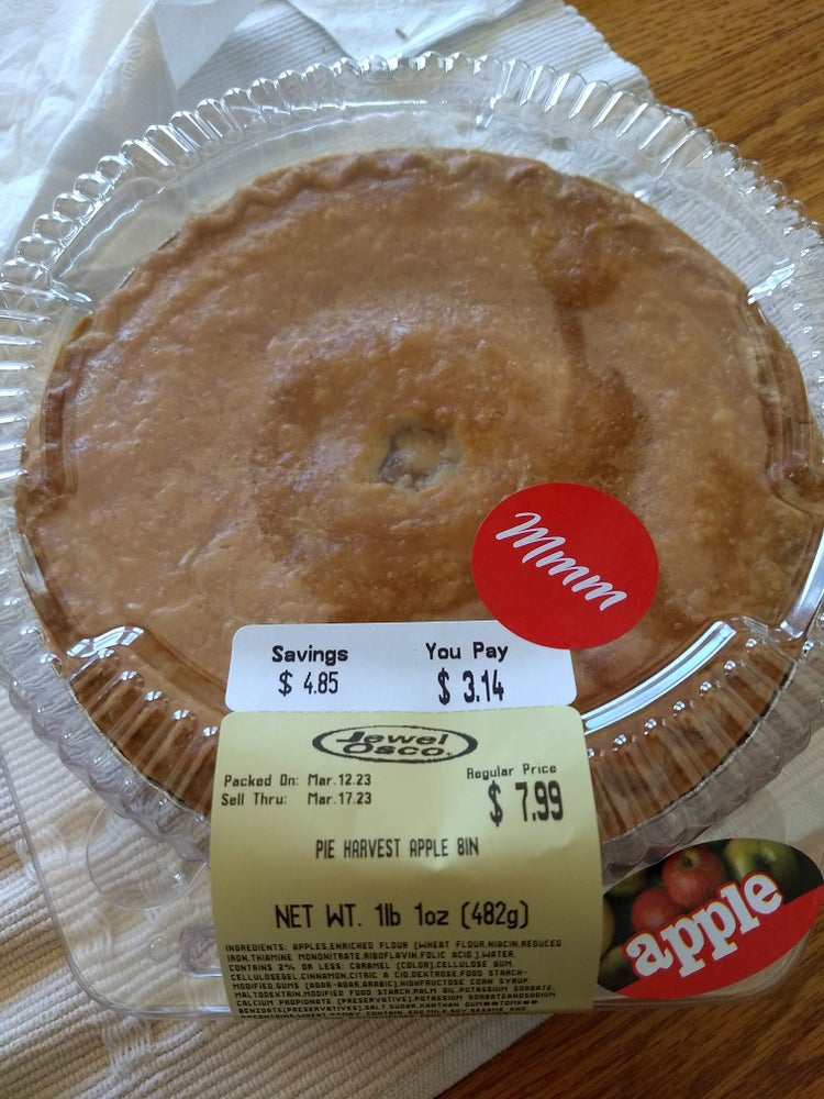 A picture of a store bought pie that has a discounted price of $3.14 on Pi day March 14th.