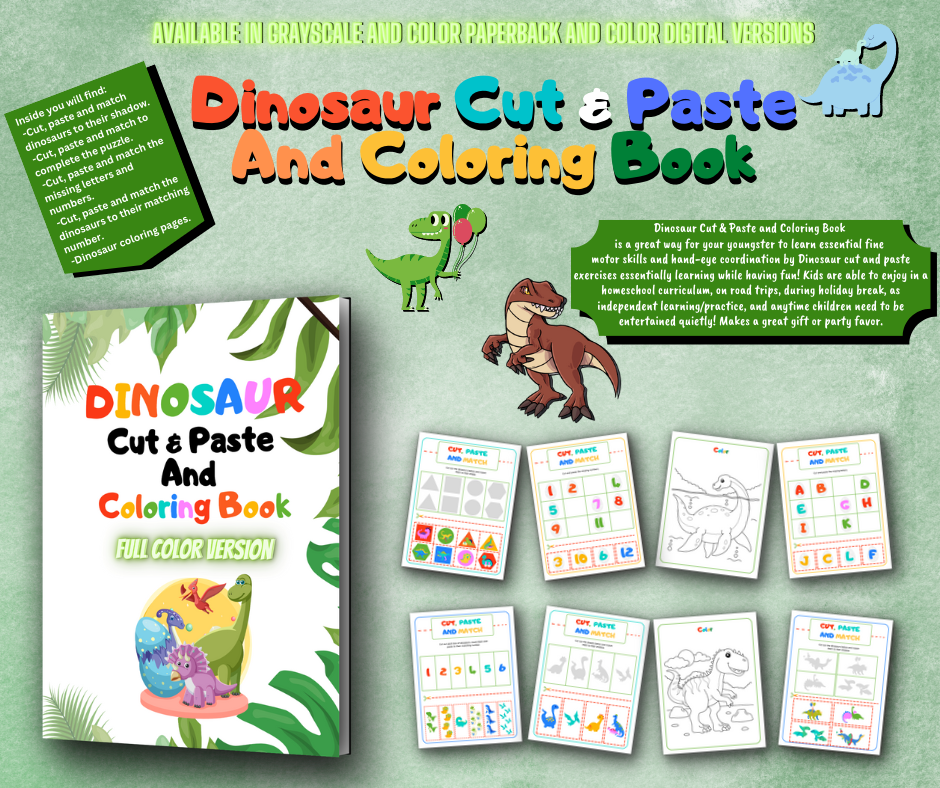 Dinosaur Cut & Paste And Coloring Book is a great way for your youngster to develop fine motor skills.