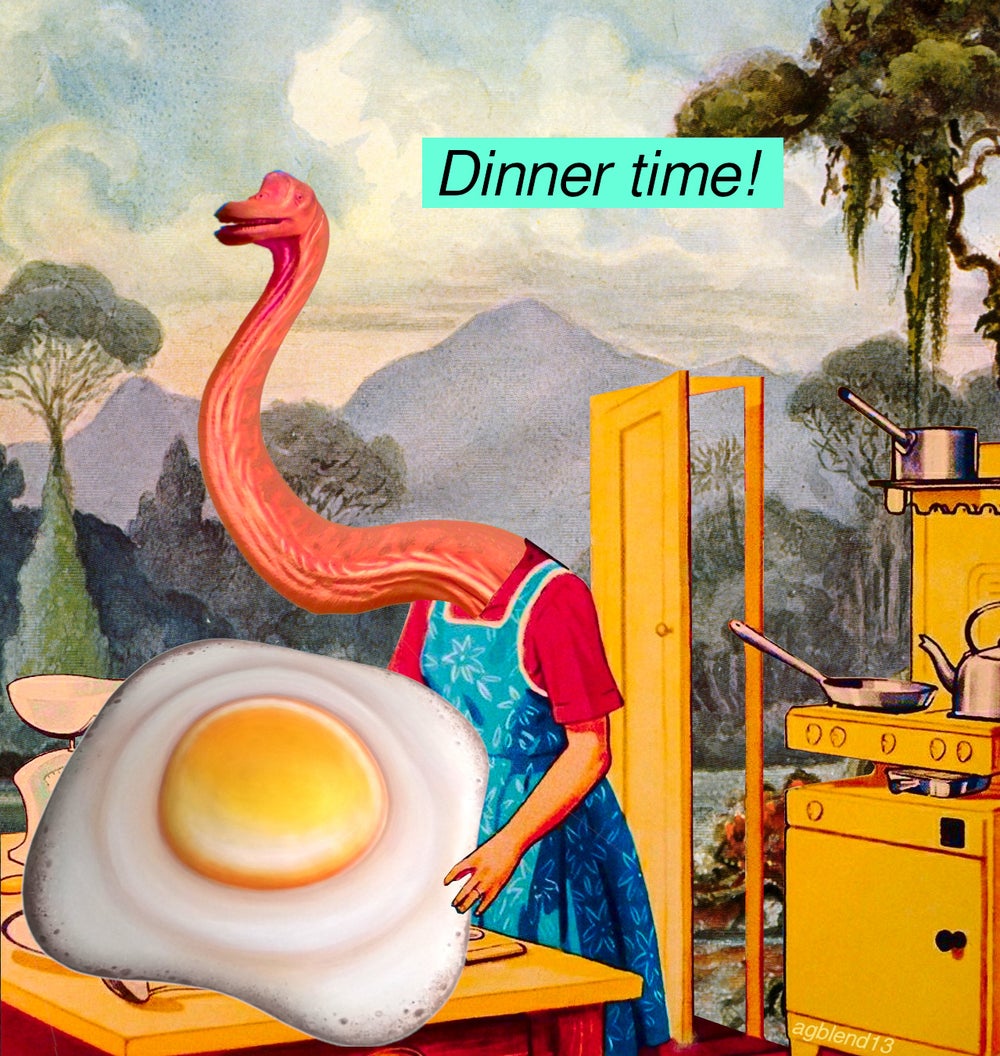 digital collage of a dinosaur mom in the kitchen with a giant friend egg yelling dinner time.