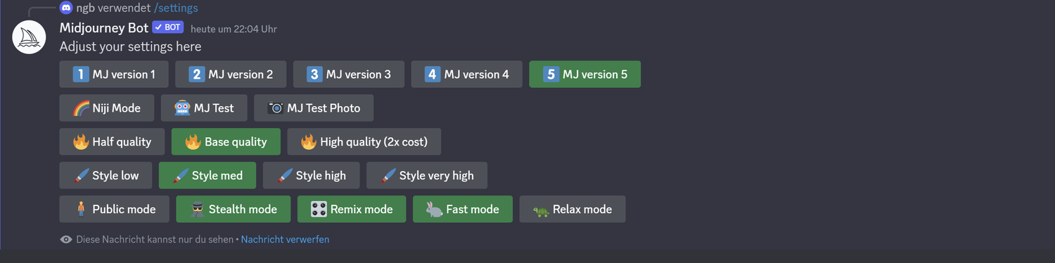 Settings in midjourney AI