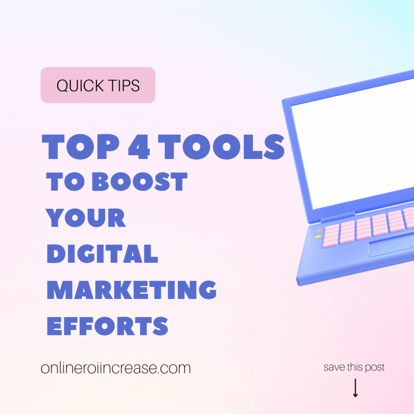 Top 4 tools to boost your digital marketing efforts in 2024. Image shows a laptop with logos of ROIincrease, WordPress, HubSpot, and Shopify. Quick tips from ROIincrease blog at onlineroiincrease.com.