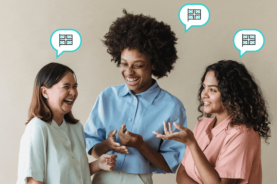 Three women smiling and laughing with animated speech bubbles and the United Kingdom flag over their heads