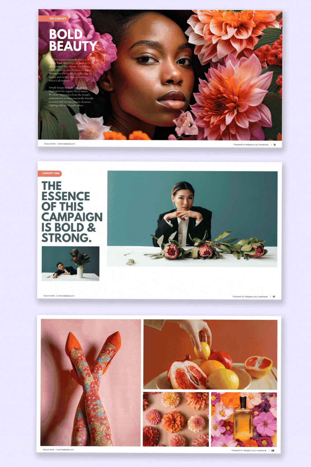 A collage of three images. The top shows a woman surrounded by flowers. The middle displays a person at a table with flowers, text reads The essence of this campaign is bold &amp; strong. The bottom features floral-patterned shoes, fruits, and a perfume bottle.