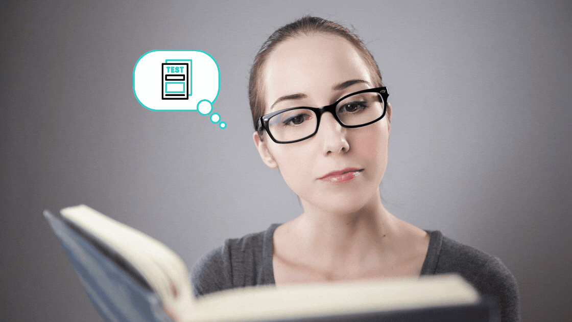 "A Caucasian woman with black glasses looking down towards a bookYoung asian woman looking towards the righthand side with an animated thought bubble above her head with the image of a test paper preparing for the IELTS Speaking test"