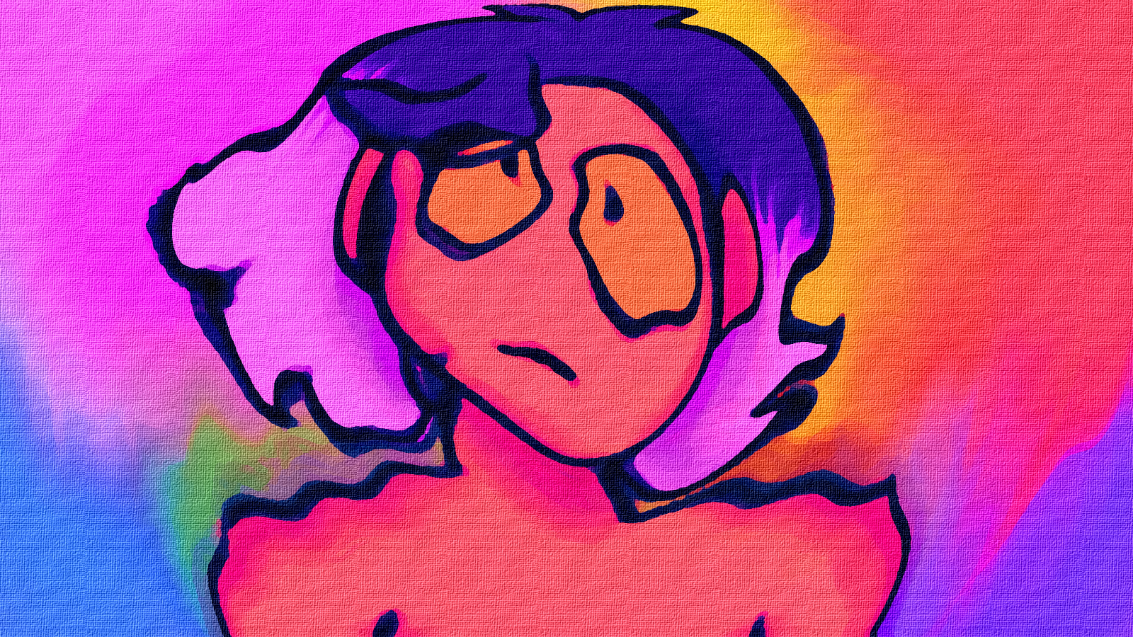 This is a digital painting of my main character of the comic strip Untilted, with a slightly angular, stylized face and features. The hair is a mix of purple, violet, and deep indigo, and it's depicted with a slightly exaggerated, somewhat warpy quality. The skin tone is a mix of various shades of red and peach. The eyes are large and expressive, with a light orange color, and they appear somewhat concerned or pensive. There is a small frown. The background is a vibrant, multicolored gradient that blends pinks, purples, oranges, and a bit of bluish-green. The colors create a sense of energy and visual interest. The texture is that of an artist's canvas.