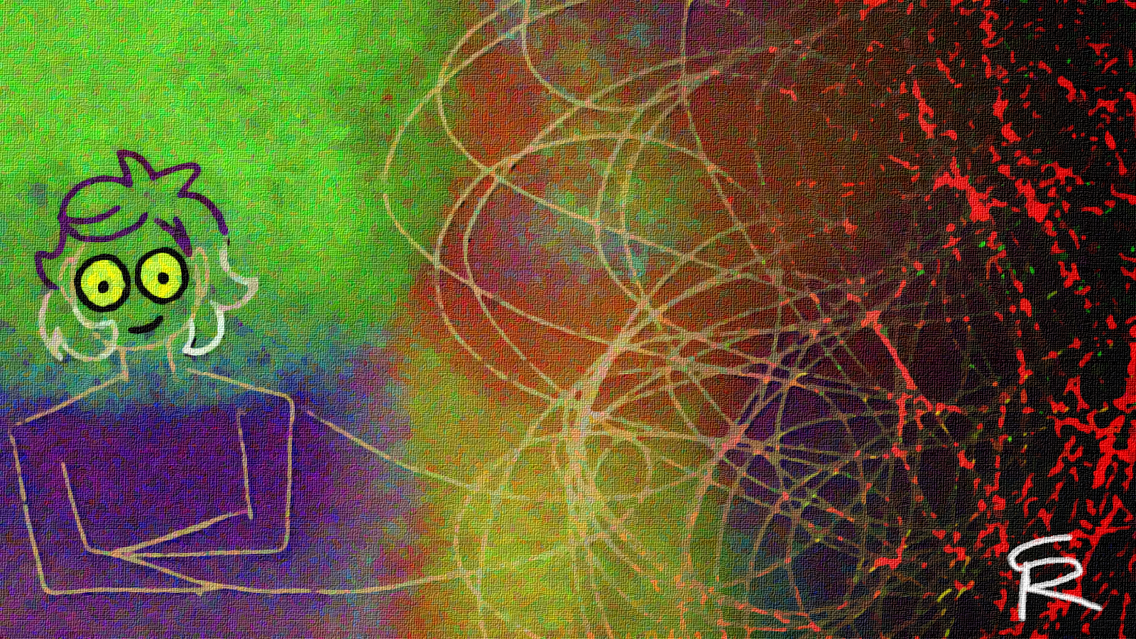 This is an abstract digital artwork featuring my OC, a blend of vibrant colors and intricate patterns. This stylized figure, reminiscent of a cartoon character, is positioned on the left side of the image and is presumably leaning on the floor. The figure has a peach skin depicted in lines, large yellow-orange eyes, and purple/lavender for hair. The background is a complex interplay of color transitions. The gradient effect begins in blue and green and shifts through various hues of orange, red, and brown throughout the image on the right side, becoming increasingly dark and textured. Network-like patterns stretch across the entire image, particularly prominent on the right. The texture and patterns on the right section of the image become more aggressive and fragmented, contrasted with the more gentle, graduated colors and more defined shapes on the left.