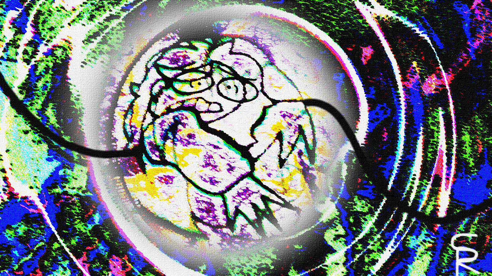 This is a digital abstract artwork, heavily stylized and textured. The central focus is a distorted version of my original character, with a multitude of colors and patterns. It has a sort of organic, almost grotesque quality. The surrounding background is a swirling portal of colors, involving bright hues of green, blue, pink, and white. These colors are intertwined and layered, creating a vibrant and complex visual effect. There are also darker, almost black sections in the background. A distinctive feature is the graphic patterns and streaking lines, suggesting movement or energy fields radiating outward from the central figure. The image's overall effect is highly abstract and non-representational.