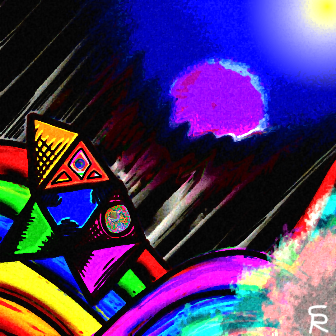 Concept art for Untilted. This abstract digital artwork features a vibrant and colorful composition against a dark background with disappearing white lines. A geometric character is the focal point, made up of triangles with various features such as triangle eyes and a hypnotic cavity. The character is surrounded by a rainbow of colorful hills, creating a sense of movement and energy. The black background is interrupted by a large, rounded astronomical body whose color is bright purple and a hazy blue cloud, as well as a ball of light that adds a touch of mystery. The overall effect is one of dynamic energy and abstract beauty.