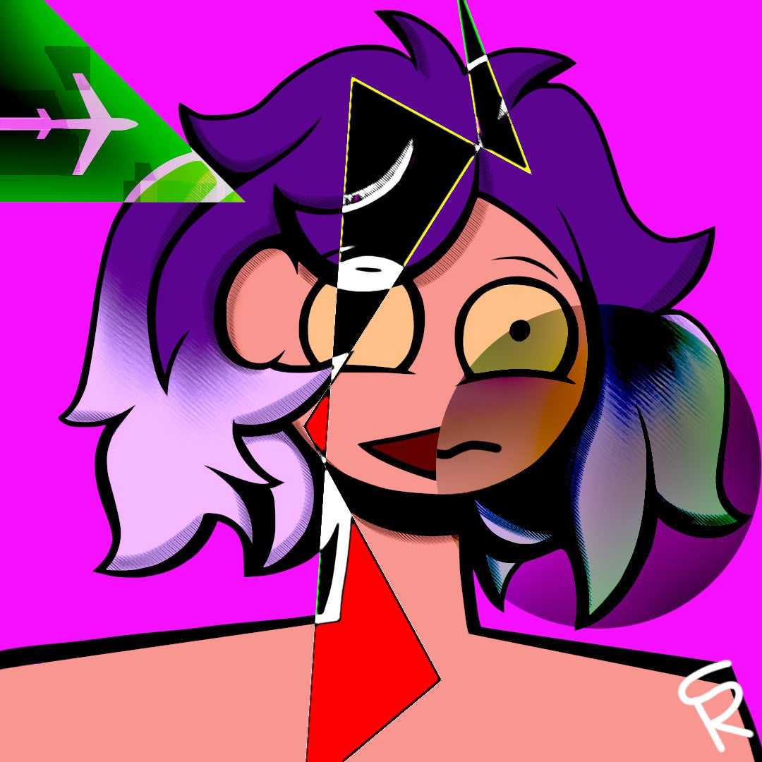The image is a digital illustration of my original character with purple hair and all. The character's face is 