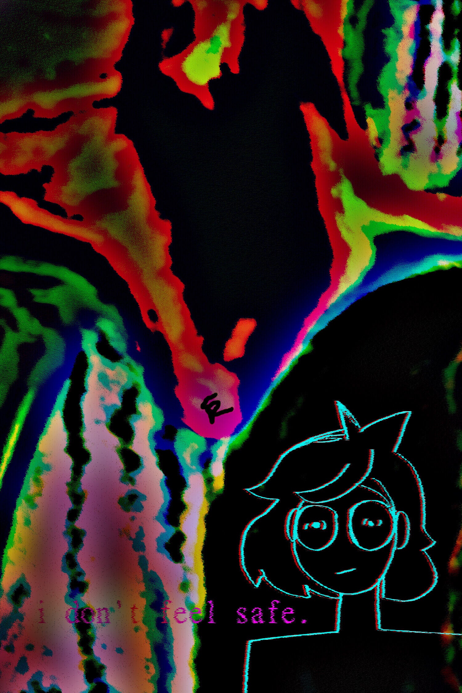 The image is a digital artwork featuring the main character rendered in vibrant neon colors. The character has large, expressive eyes, a simple, outlined face, and short, wavy hair. The background is the inside of a cave represented by the colors red, green, and blue, with very strong shadows, creating a sense of disorientation and unease. The text 'I don't feel safe,' written in a pink font, adds to the emotional impact of the image. The mood is one of feeling lost, suggesting that the character is experiencing a moment of fear or distress from being lost. The use of bold colors and distorted shapes creates a sense of unease and disorientation, reflecting the character's mood. It evokes a sense of vulnerability and tension.