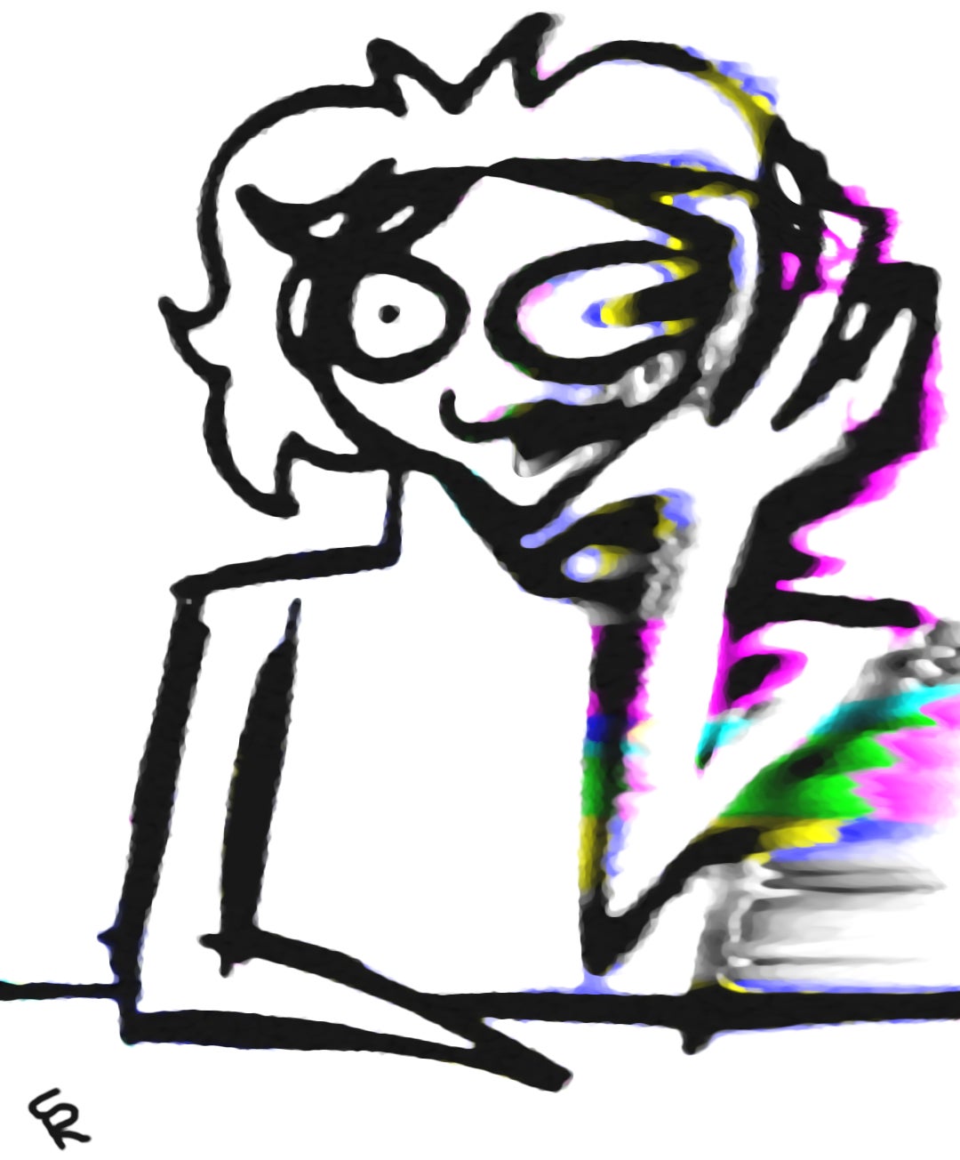 Here, my character is depicted in a bold, black outline, with exaggerated features and a wide-eyed expression. Half of the picture is smudged with glitch-like effects, creating a sense of distortion and unease. The mood is one of anxiety and disorientation, as if the subject is caught in a moment of lapse.