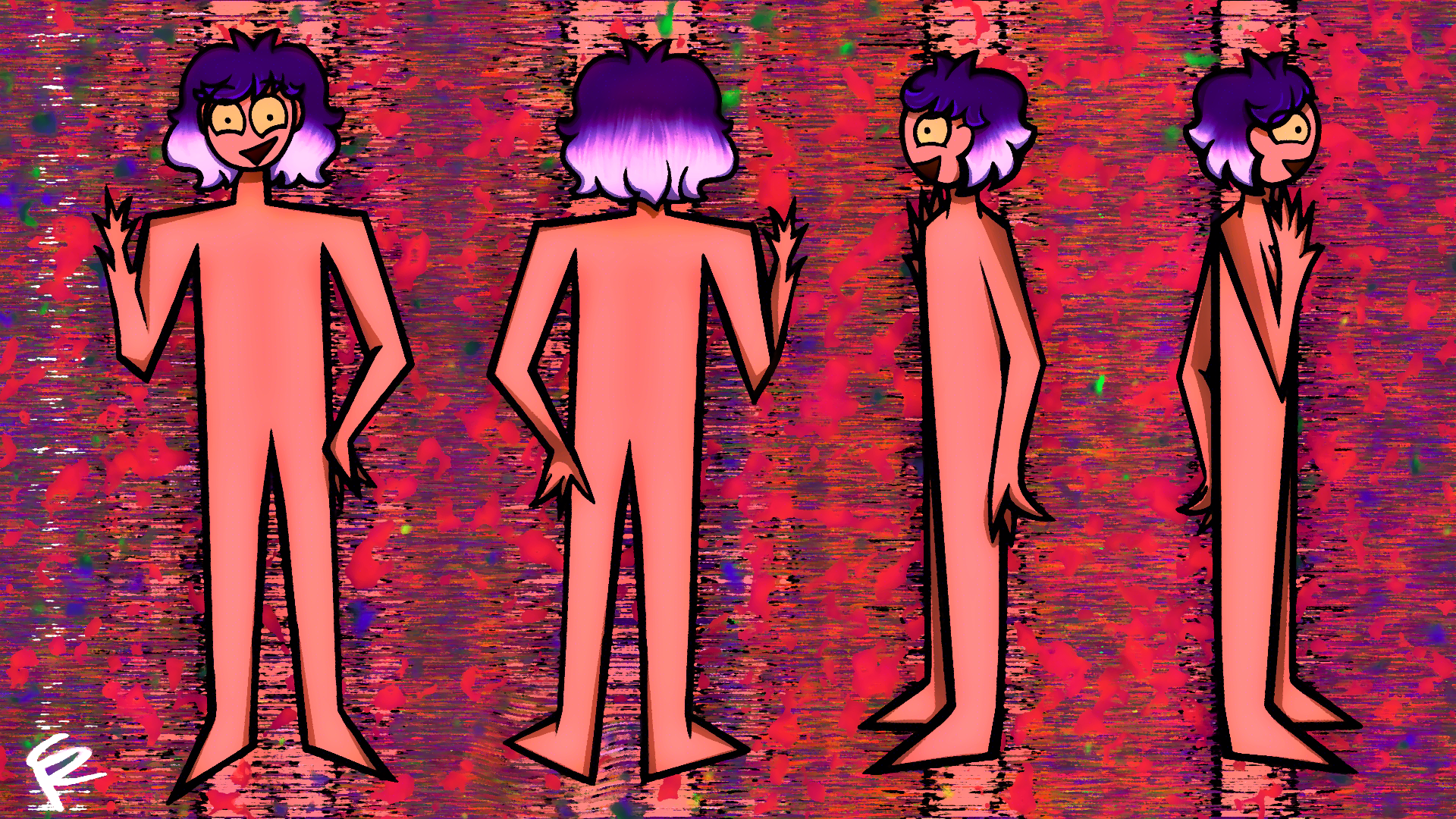 Character ref sheet thingy that's also artistic to a degree with screwy textures and a cartoony style.