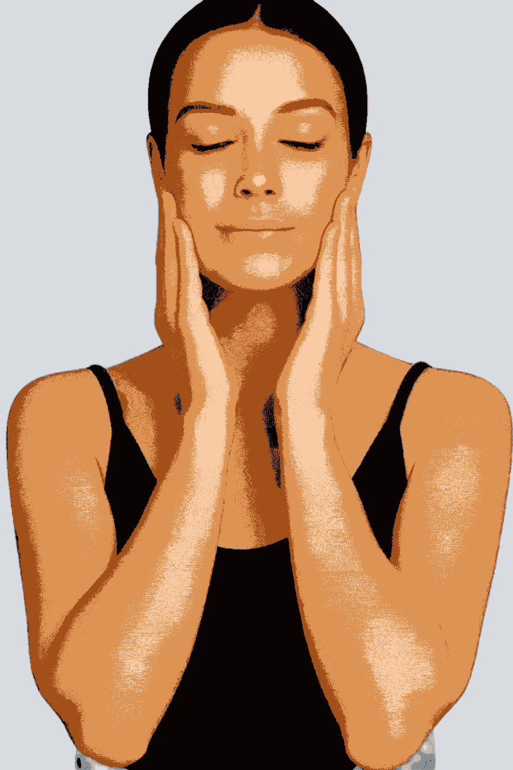 Mulher com expressão serena aplicando as mãos nas laterais do rosto, representando a prática de autodrenagem facial.