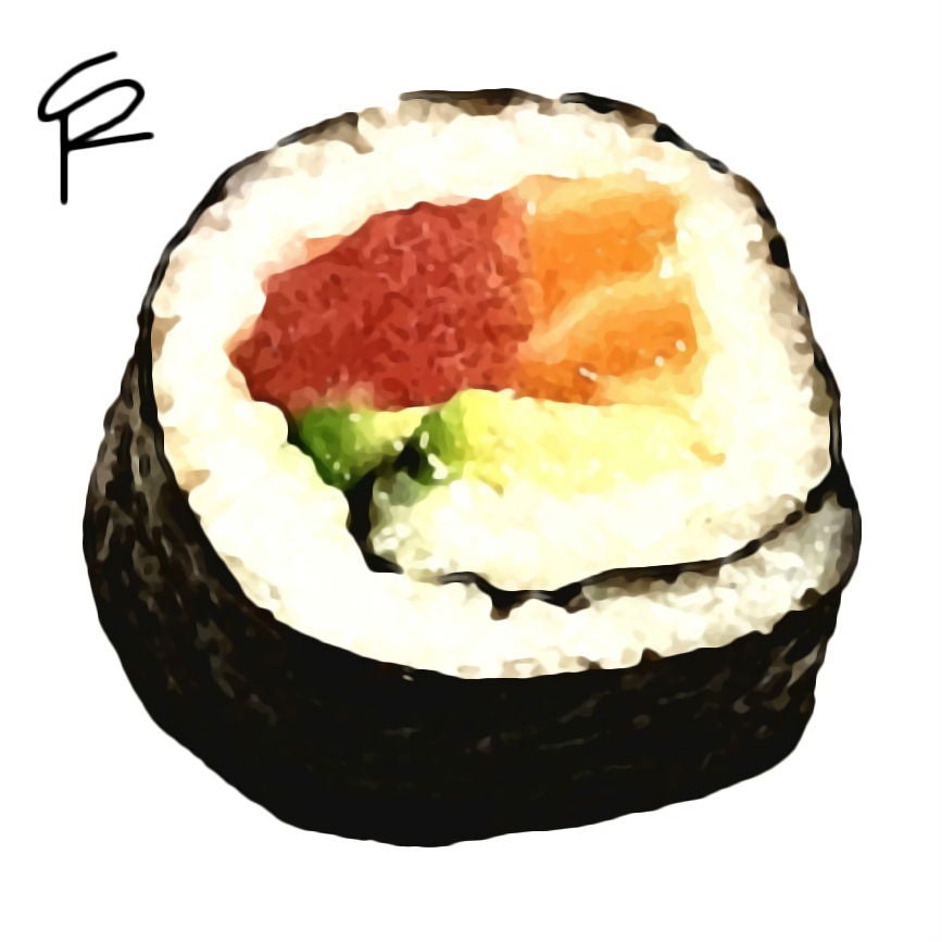This is a digital painting of a beautifully crafted piece of sushi, showcasing an intricate arrangement of ingredients. The sushi roll is sliced to reveal its inner contents, which include tuna, salmon, and avocado. The outer layer is wrapped in dark seaweed. The sushi rice appears sticky and perfectly textured, suggesting freshness and quality. The composition invites the viewer to appreciate the textures of a sushi's appearance, highlighting its appeal as both a culinary and visual delight.