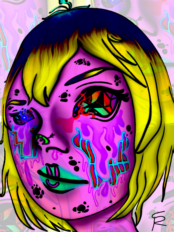 The image features a striking, stylized illustration of a face, predominantly using vibrant colors. The character has a bold expression with a pink-toned skin palette. The hair is a gradient of dark purple to light blonde, styled in a somewhat messy, layered cut. Their eyebrows are the same way. The top of the hair is slightly cyan. The eyes are detailed with intricate patterns and colorful geometric shapes, creating a hypnotic effect. The eyes cry out purple tears. Parts of the eyeballs have different types of eyes within them, and parasite-like creatures with red worms emerge from one of them. There is a heart tattoo on the edge of the eyes close to the nose. There are three parts of the face, two of them having cyan mouths with orange teeth, adding a sense of artistic flair and a surreal quality. There is a nose tattoo of a green moon with a face hit by an arrow. There is glitter pink snot coming out of the nostrils. They wear lip piercings and turquoise lipstick. Parts of the face have clusters of holes. The rest is just noise.