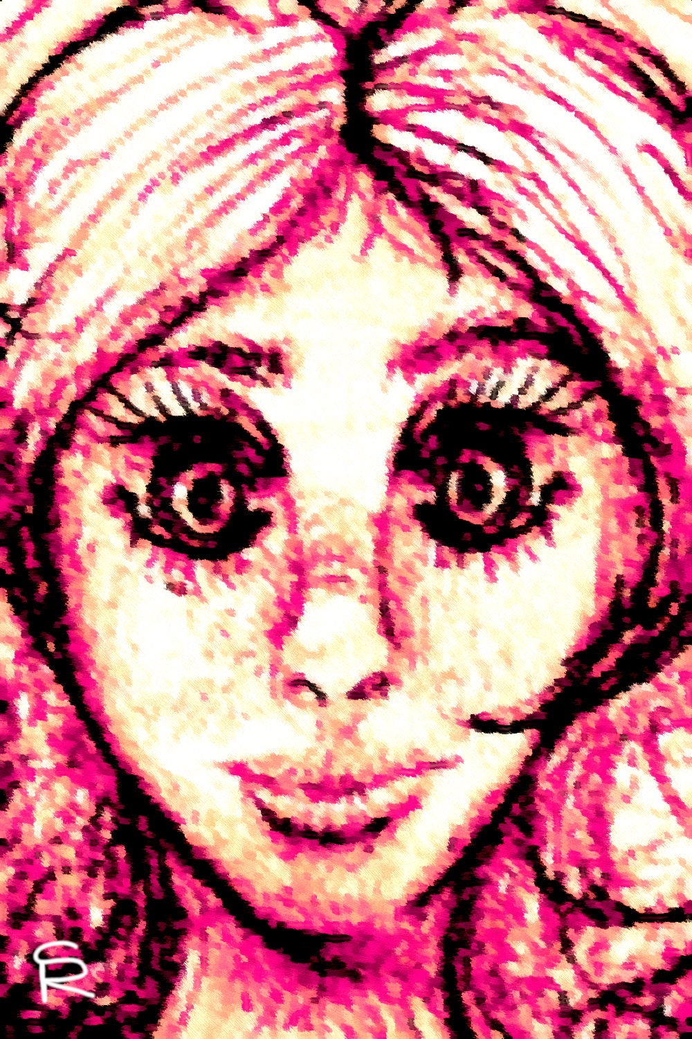 This is a cartoonized close-up portrait of a woman. The woman's face is the primary focus. Her hair appears straight but voluminous and curly. Her eyes are noticeably large and expressive, dark and outlined in black with pink/red tones. Her nose is rather small. Her lips are thin, and her complexion is a combination of various shades of pinkish-white. It is intended to be a stylized artistic rendering. The color palette is primarily in shades of pink, red, and white, creating a vibrant visual feel. The texture of the image has a pixelated, or rather, pointillist appearance.